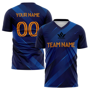 เสื้อฟุตบอลสีน้ำเงินแบบกำหนดเอง SPARKWELL คอวี พิมพ์ลายแบบ Sublimation แขนสั้น ระบายเหงื่อได้ดี ผลิตจากโพลีเอสเตอร์ สำหรับผู้ใหญ่ ทุกเพศ ทุกวัย เหมาะสำหรับเป็นชุดทีม - Product Image 4