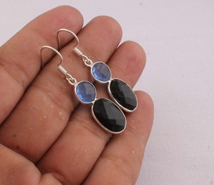 Natural Black Onyx & Blue Quartz <b>Earrings</b> 925 <b>Sterling</b> <b>Silver</b> Jewelry Manufacturer Wholesale Handmade Gemstone Drop <b>Dangle</b> - Product Image 4