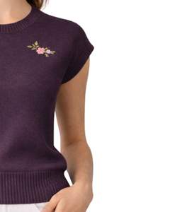 Pull sans manches en tricot violet pour femme, col rond, léger, décontracté, gilet d'été, broderie florale, haut élégant et tendance - Product Image 4