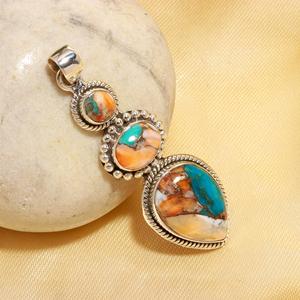 Natural Spiny Oyster Copper Turquoise 925 Sterling <b>Silver</b> Boho Orange Blue Gemstone Pear Shape Pendent Party Gift - Product Image 3