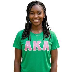 เสื้อยืด AKA Green Greek Letter Glitter สีชมพู สไตล์เชนิลล์ ลายกราฟิก เสื้อยืดคอกลมผ้าฝ้ายสำหรับผู้หญิง สีเขียวชมพู - Product Image 4