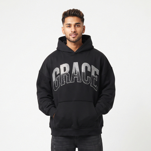 Men's Loose Fit Oversized Boxy Hoodie 100% Polyester Fleece Heavy Weight Embroidered Rhinestone Eco-Friendly Winter Streetwear - Product Image 5