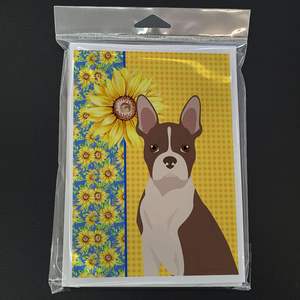 Summer Sunflowers Red Boston Terrier Tarjetas de felicitación Pack 8 Whimsical A7 Tamaño 5x7 Tarjetas de notas en blanco con sobres - Product Image 3