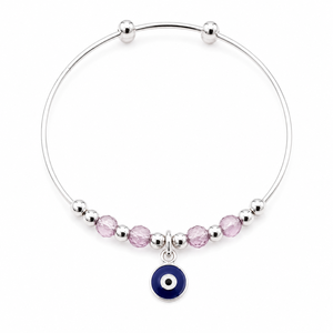 Bracelet jonc perlé en argent sterling 925 avec breloque œil bleu, finition polie, émail bleu, style cristal, pour filles, usage quotidien, cadeau de fête - Product Image 3