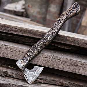 Handmade Carbon Steel Viking Battle <b>Axe</b> with Engraved Wooden <b>Handle</b> and Leather Sheath Camping Gift for Him - Product Image 3