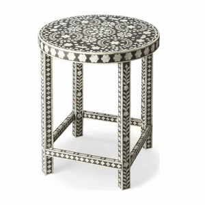 Juego de Mesa de Centro Redonda de Lujo con Incrustaciones de Hueso y 4 Taburetes Triangulares, Diseño Antiguo Hecho a Mano, Ahorro de Espacio para Sala de Estar - Product Image 3
