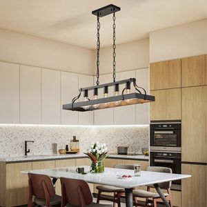 34-Inch Modern Farmhouse Linear Chandelier Black Industrial Pendant <b>Light</b> 5 E26 Bulb <b>Sockets</b> Adjustable Chain Height for - Product Image 1