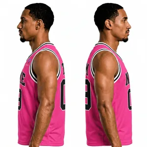 เสื้อบาสเก็ตบอลสีชมพูแบบกำหนดเองสำหรับผู้ชาย คอวี แขนกุด พิมพ์ลายแบบ Sublimation ระบายอากาศได้ดี ซับเหงื่อ 100% โพลีเอสเตอร์ ผ้าตาข่ายสำหรับนักกีฬา - Product Image 6