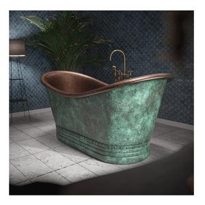 Baignoire autoportante en cuivre patiné bleu de luxe, finition antique artisanale, forme ovale élégante pour projets hôteliers et villas - Product Image 4