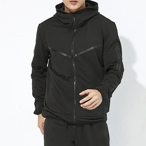 <b>Men's</b> Black Hooded Zip-Up Tracksuit <b>Jacket</b> Quick Dry Sporty Full Sleeve Autumn Wear Solid Color Side Pockets Regular Fit - Product Image 1