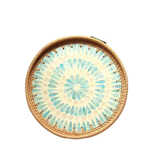 Handmade Round Mother Of Pearl Inlay Serving Tray Blue Leaf Style Lacquer Wood Decorative Breakfast Coffee Tray With <b>Handles</b> - Product Image 2