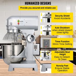 110V Commercial Food Mixer 3 velocità regolabili 105/180/408 RPM Heavy Duty acciaio inossidabile ciotola ganci per impastare frullini panetterie - Product Image 6