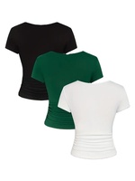 Ensemble de t-shirts pour femmes de haute qualité, écologiques, imprimés en 3D, col rond, col en V, manches courtes, 3 pièces, couleur unie