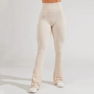 High Waist <b>Flared</b> Leg Yoga <b>Leggings</b> Solid Olive Green Seamless Full Length Elastic Waist Women's Workout Pants - Product Image 6