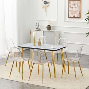 Juego de Sillas con Tablero Inferior de MDF y Tapa de Vidrio con Textura de Mármol Imitación Blanco, Patas Cónicas de Metal Dorado, Juego de 6 para Restaurantes - Product Image 2
