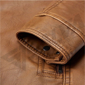 Men's Brown Genuine Leather Moto <b>Jacket</b> Stand Collar Zipper Closure Chest Pockets Sherpa Lining <b>Winter</b> Style - Product Image 5