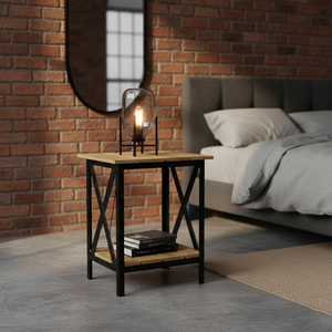 Table de chevet industrielle avec plateau en bois massif et structure en métal en X, table d'appoint à 2 niveaux pour salon, chambre à coucher, finition noire rustique - Product Image 1