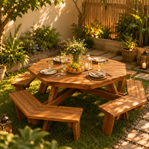 Luxury Solid Teak Octagonal Picnic <b>Table</b> <b>Set</b> with Built-in <b>Benches</b> Heavy Duty Commercial Outdoor Furniture for Resort Villa Hote - Product Image 1