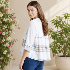 Blusa de Gasa Blanca para Mujer con Bordado Floral, Cuello en V, Manga con Volantes, Estilo Bohemio, Holgada, para Primavera/Verano - Product Image 3