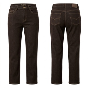 Jeans de Mezclilla Elástica de Algodón Premium para Mujer, 400 GSM, Color Marrón Oscuro, Corte Regular, Cinco Bolsillos, Logotipo Tejido Personalizado, Cintura Media, Casual - Product Image 1