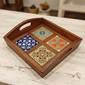 UO Art Premium Handmade Wood and Enamel <b>Serving</b> <b>Tray</b> with Decorative Persian Pattern <b>Gold</b> Metal Handles Rectangular <b>Serving</b> <b>Tray</b> - Product Image 3