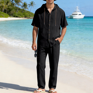 Ensemble décontracté blanc pour homme – Tenue d'été respirante en coton tissé – Ensemble deux pièces – Fabricant de vêtements d'été pour homme - Product Image 2