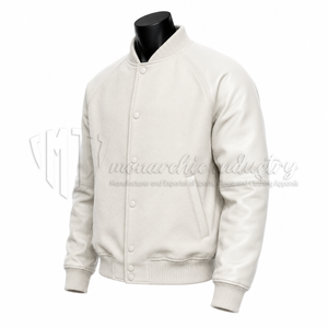 Chaqueta Varsity Blanca Premium, Cuerpo de Lana, Mangas de Cuero, Fabricante de Chaquetas Letterman Personalizadas - Product Image 3