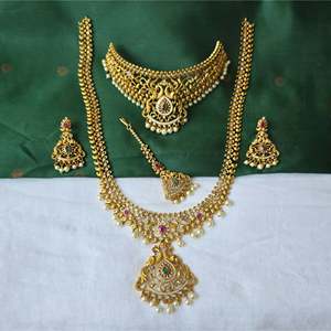South Indian Bridal Wedding Jewelry Set-Gold Plated Zircon & Ruby Necklace and Earring Set - Product Image 1