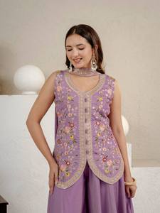 Ensemble haut et pantalon brodés violets, longueur genou, motif floral, tenue ethnique pour femme, robe de soirée, costume de mariage - Product Image 3