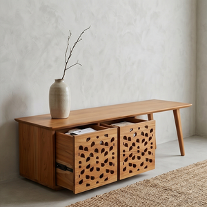 Mesa de TV de Madera de Teca Sólida, Consola con Cajones Tallados, Mueble Minimalista para Sala de Estar, Hecho a Mano, Ecológico - Product Image 1