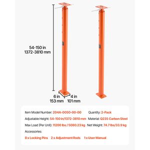 Paquete de 2 Gatos de Piso para Casa, Rango de Altura de 54-150 Pulgadas, Capacidad de Carga Máxima de 11200 Libras, Viga de Soporte Ajustable, Gato para Sótano, Poste para Paletas - Product Image 5