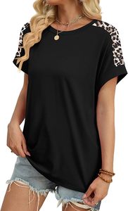 Camiseta de Manga Corta con Estampado de Leopardo Negro para Mujer, Cuello Redondo, Corte Holgado, Estilo Casual, Primavera Verano, Top de Jersey de Algodón - Product Image 3