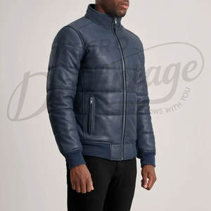 Chaqueta Bomber de Cuero Azul Marino para Hombre, Acolchada, con Dobladillo Acanalado, Cuello Alto, Cálida, Ajustada, Estilo Motero - Product Image 4
