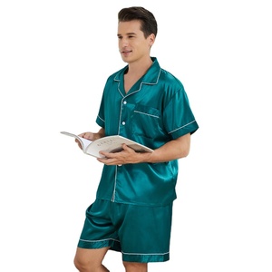 Ensemble de pyjama décontracté pour homme en satin rose tricoté à manches courtes, chemise et short de couleur unie, vêtements de nuit d'été avec poches - Product Image 5