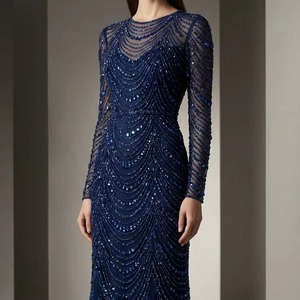 Tela de Lujo Azul Marino con Cuentas Hechas a Mano para Vestido de Noche, Material de Malla con Lentejuelas de Manga Larga para Vestido de Gala, Suministro al por Mayor - Product Image 1