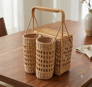 Cesta de Almacenamiento de Ratán Tejida a Mano, Ecológica, con Asa, Color Beige Natural, 3 Compartimentos, Multifuncional, Moderna, para Cocina - Product Image 1