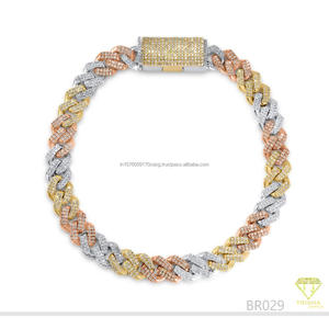 Pulsera Cubana Contemporánea de Tres Tonos con Brillantes Diamantes Cultivados en Laboratorio Certificados y Artesanía de Lujo - Product Image 1