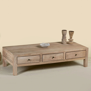 Minimalistic Solid Mango Wooden <b>Coffee</b> <b>Table</b> <b>With</b> Integrated 3 <b>Storage</b> Drawers Antique Rich Finish For Hotel Home Living Room - Product Image 1
