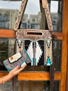 New Hot Western Traditional Style Aztec Tooled Leather <b>Handbags</b> Women's Tooled Hair on Hide Fur Leather Clutch Unique Combo Sets - Product Image 2