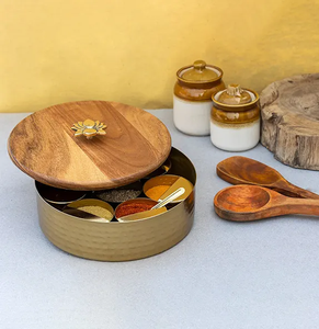 Brass And Wood Spice <b>Box</b> Latest Designer Wood and Brass Tea Spice Organizer <b>Box</b> Kitchen Used - Product Image 1