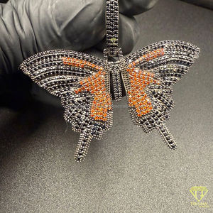 Luxury <b>Butterfly</b> Moissanite Iced Out Pendant <b>Necklace</b> 925 <b>Silver</b> GIA Certified Hip Hop Style Gift Orange Stone - Product Image 1