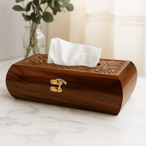 Boîte à mouchoirs en bois de manguier, design traditionnel, bois sculpté, forme rectangulaire avec fermoir en laiton pour la maison, le bureau ou le bureau à domicile - Product Image 5