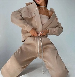 Ensemble de survêtement léger en coton rose uni pour femme, 2 pièces, veste décontractée à manches longues boutonnée et pantalon à cordon de serrage, coupe ample, automne - Product Image 2