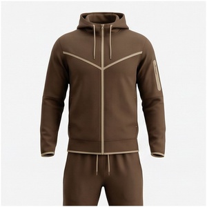Conjunto Deportivo con Capucha para Hombre, Color Marrón, Manga Larga, Cierre Frontal con Cremallera, Color Sólido, Transpirable, Estilo Casual para Otoño, Corte Regular - Product Image 1