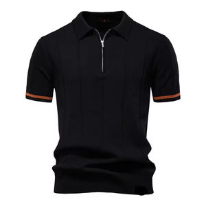 เสื้อถักสีดำสำหรับผู้ชาย ผ้าฝ้าย 100% ระบายอากาศได้ดี กันน้ำ ไร้รอยต่อ ป้องกันรอยยับ มีกระเป๋าโลโก้ด้านหน้า ทรง 6 แผง สวมใส่สบาย แบบลำลอง - Product Image 1