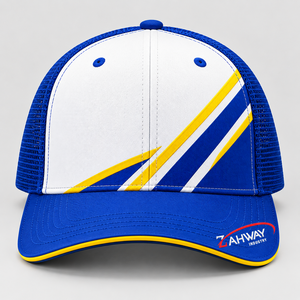 Best Trucker <b>Hat</b> 6-Panel Mesh Cap Blue <b>White</b> Yellow Contrast Color Breathable Adjustable Unisex Outdoor Spring Summer Casual - Product Image 1