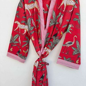 Bata de baño informal de algodón estilo kimono indio, traje de noche, ropa de playa de primavera y verano, largo completo, estampado animal, cuello en V, suave, con logo frontal - Product Image 5
