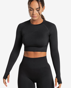 Nouveauté 2026 – Haut court noir à manches longues pour femme ABINZ ENTERPRISES – Couleur unie, sans coutures, respirant, en polyester/nylon – Vente en gros - Product Image 3