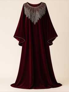 Kaftan élégant pour femme, grande taille, longueur ras du sol, manches longues, col perlé, couleur unie, robe de soirée de mariage du Moyen-Orient, hiver, coupe classique - Product Image 4