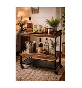 Rustic Wood Bar Cart With Metal Frame Multi-Functional <b>Serving</b> <b>Trolley</b> For Living Room Indoor Use - Product Image 1